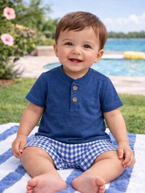 NWT Carter’s Baby Boy 3-Piece Summer Outfit 9 Months Blue Henley Shirt Shorts